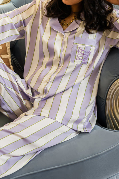 Free Shipping For Purple & White Stripes Silky Satin Pajamas Set