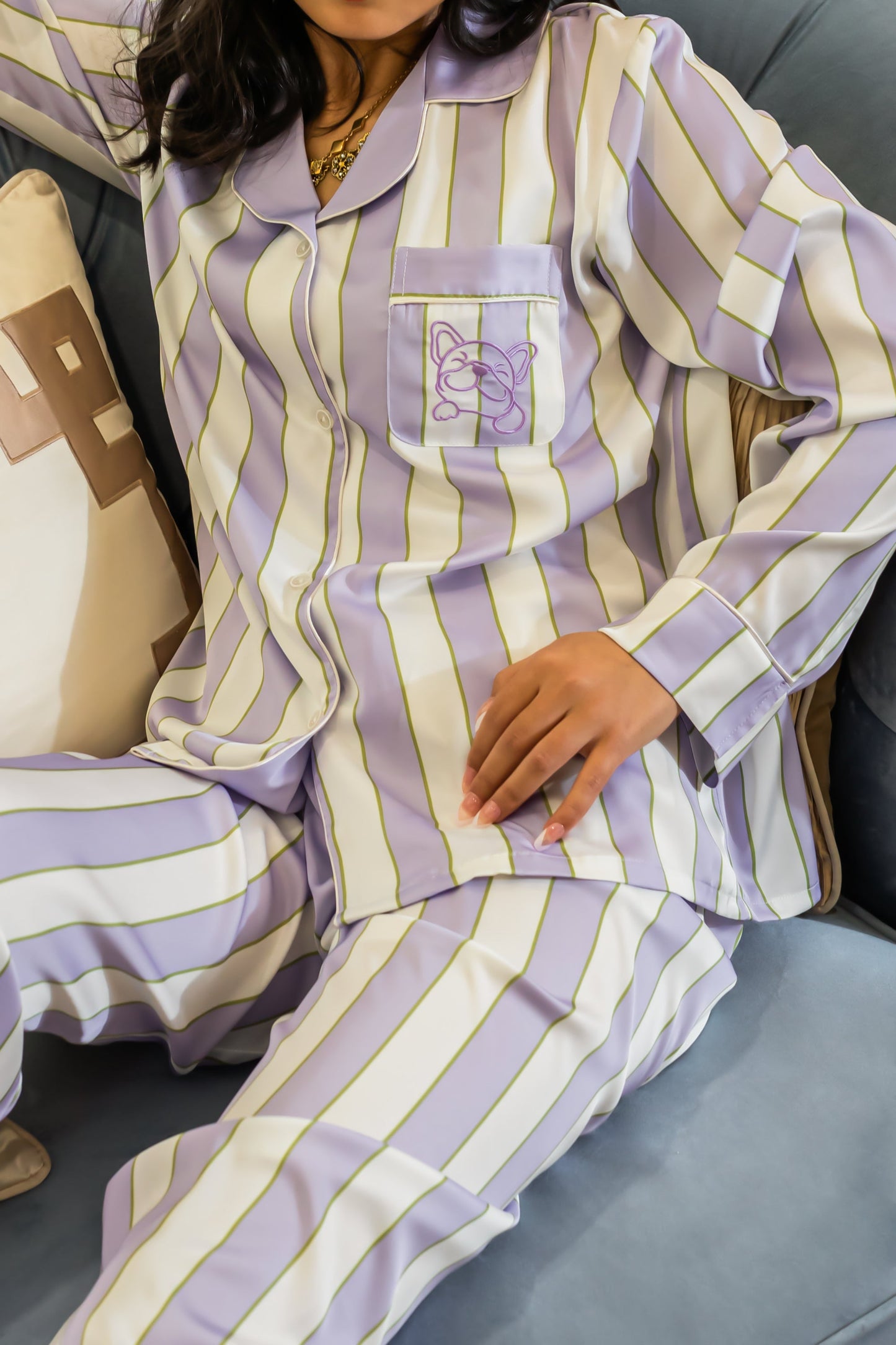 Free Shipping For Purple & White Stripes Silky Satin Pajamas Set