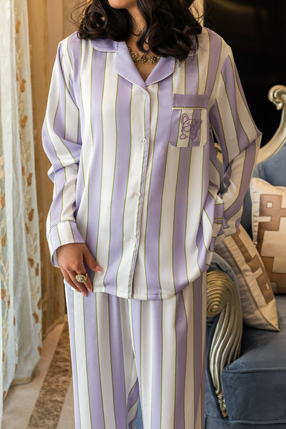 Free Shipping For Purple & White Stripes Silky Satin Pajamas Set