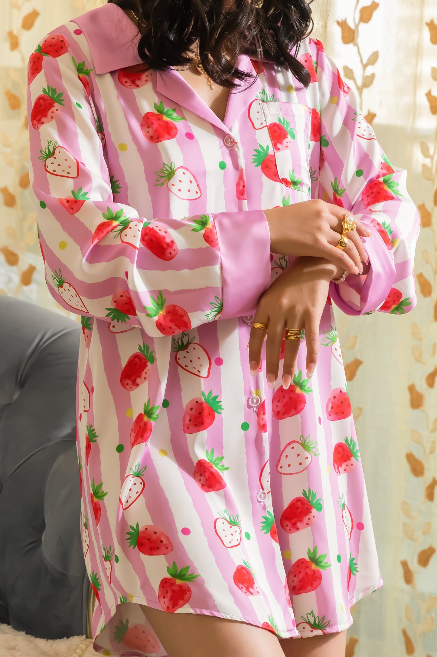 Free Shipping For Strawberries Print Pink Stripes Sleep Shirt Silky Satin Pajamas Sleepshirt