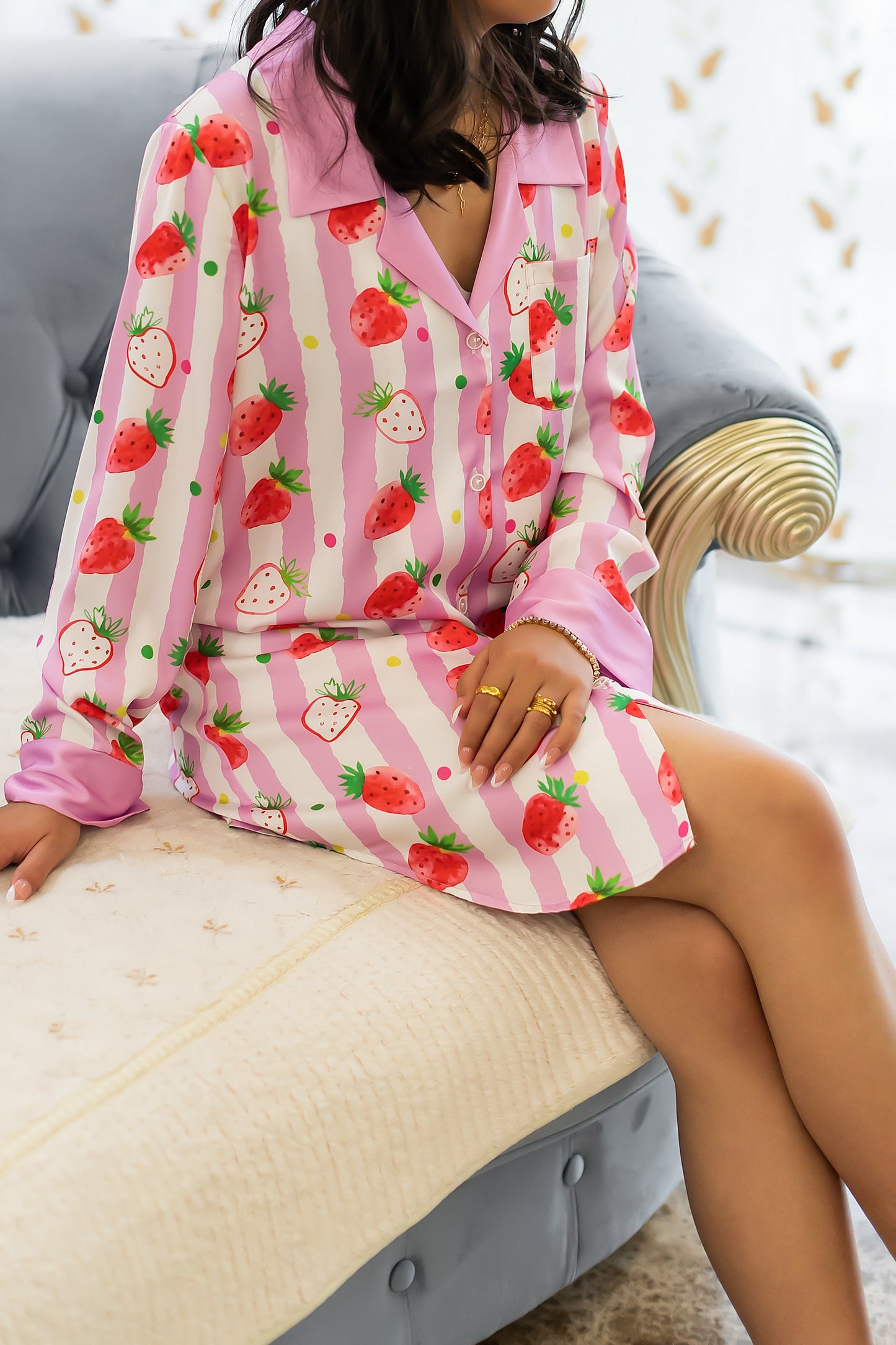 Free Shipping For Strawberries Print Pink Stripes Sleep Shirt Silky Satin Pajamas Sleepshirt