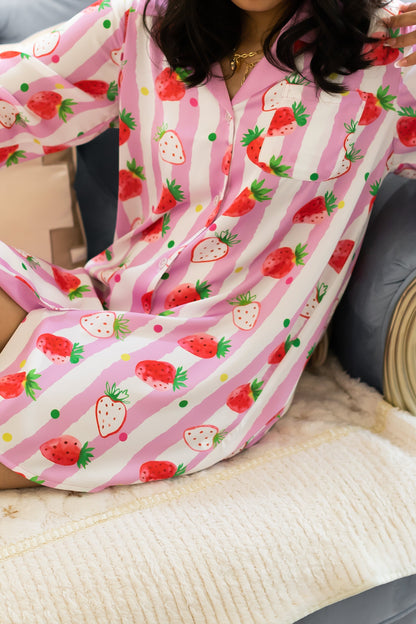 Free Shipping For Strawberries Print Pink Stripes Sleep Shirt Silky Satin Pajamas Sleepshirt