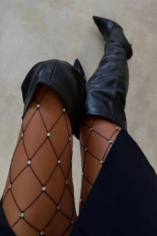 Free Shipping For Black Rhinestone Thigh Highs