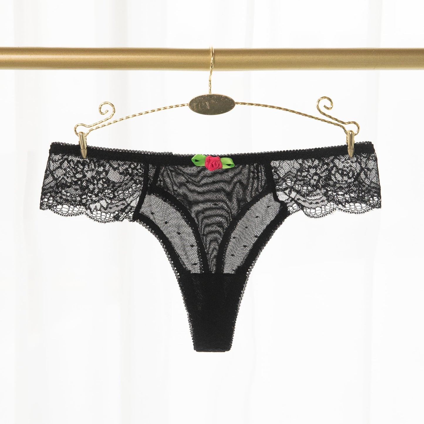 Free Shipping For Black Mesh With Flower Front Lace Thong