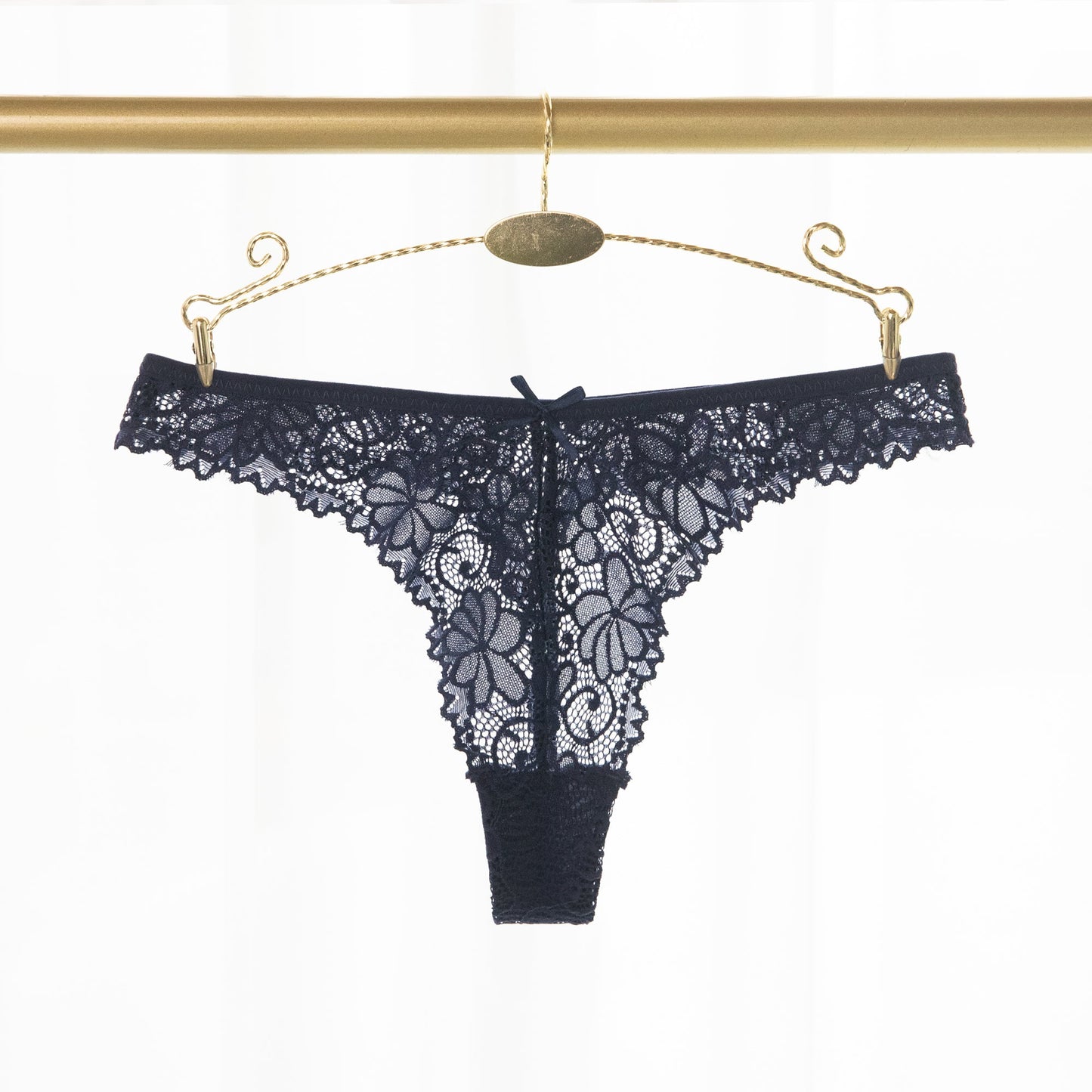 Free Shipping For Navy Floral Lace With Tie Front Thong