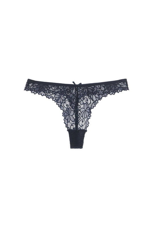 Free Shipping For Navy Floral Lace With Tie Front Thong