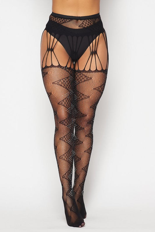 Free Shipping For Black Rhinestone Zigzag Tights