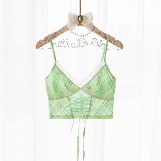 Free Shipping For Green Plaid Print Lace Up Bustier Corset Top