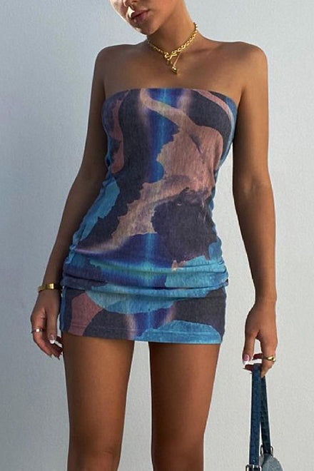 Free Shipping For Blue Marbling Print Mini Tight Dress