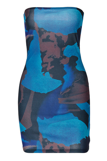 Free Shipping For Blue Marbling Print Mini Tight Dress