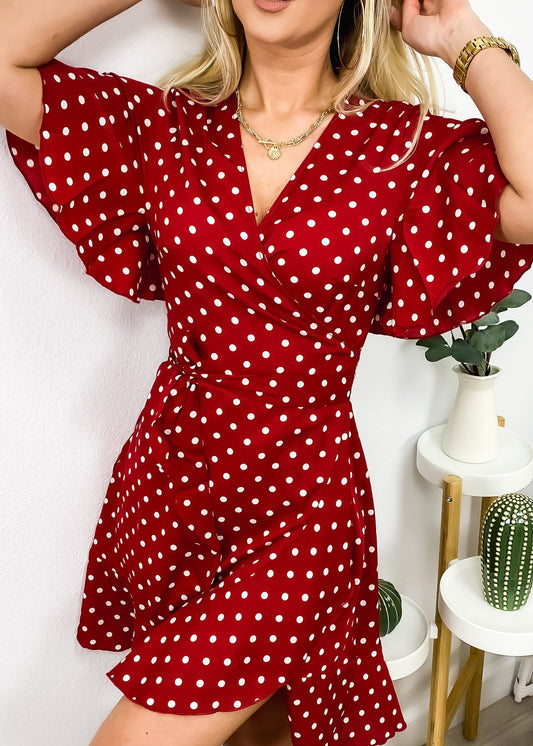 Polka Dot Flutter Sleeve Wrap Dress