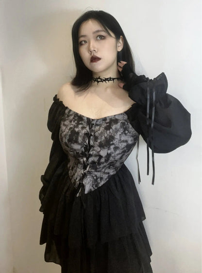 Free Shipping For 'Into the Black' Goth Chiffon Tie Dye Corset Dress