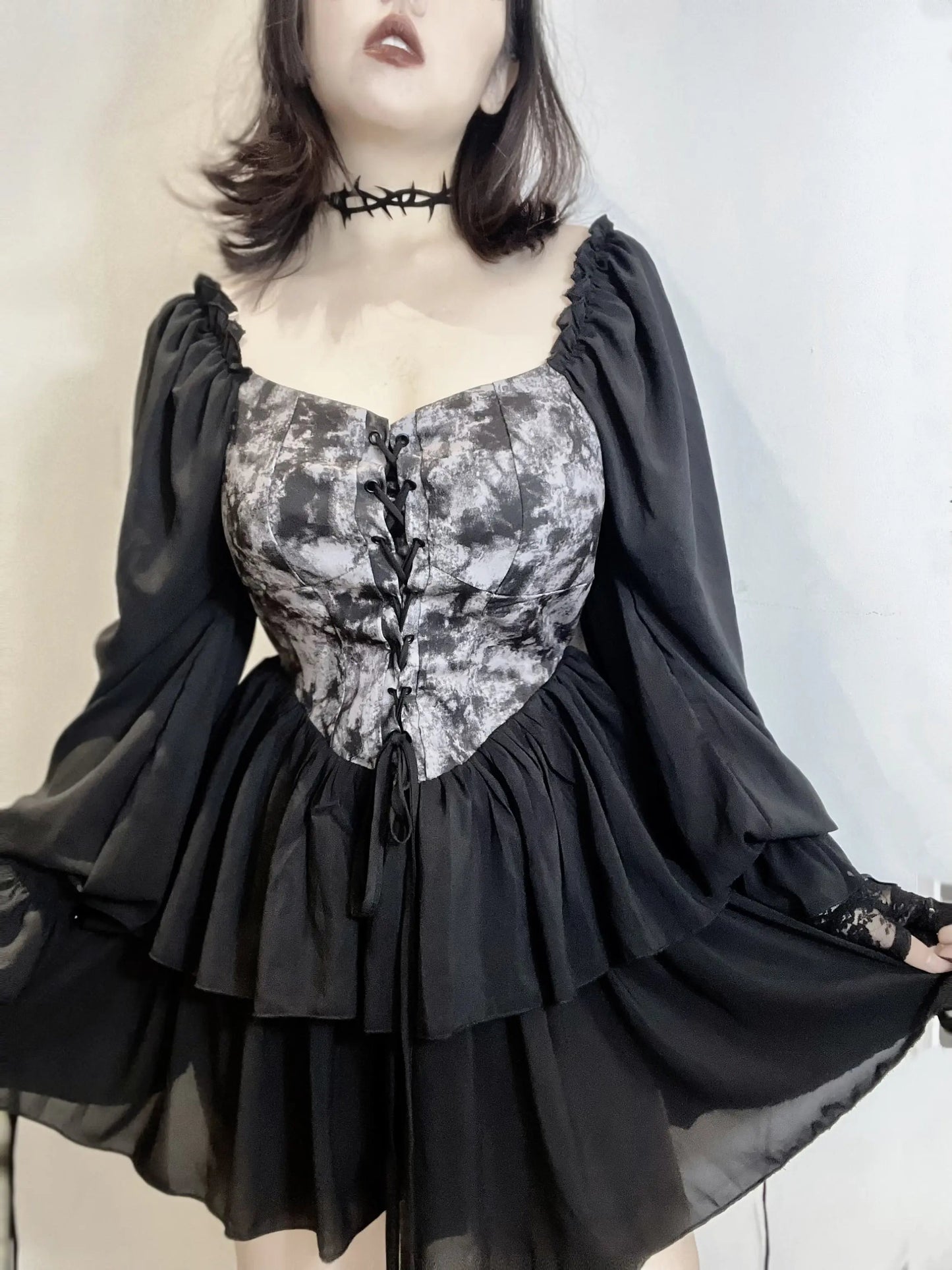 Free Shipping For 'Into the Black' Goth Chiffon Tie Dye Corset Dress