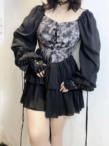 Free Shipping For 'Into the Black' Goth Chiffon Tie Dye Corset Dress