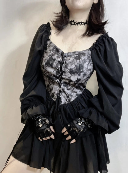 Free Shipping For 'Into the Black' Goth Chiffon Tie Dye Corset Dress