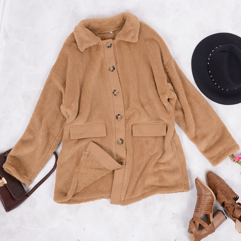 Contrast Button Teddy Coat