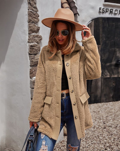 Contrast Button Teddy Coat