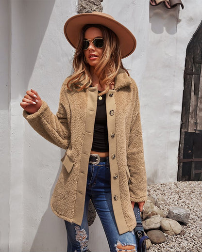 Contrast Button Teddy Coat