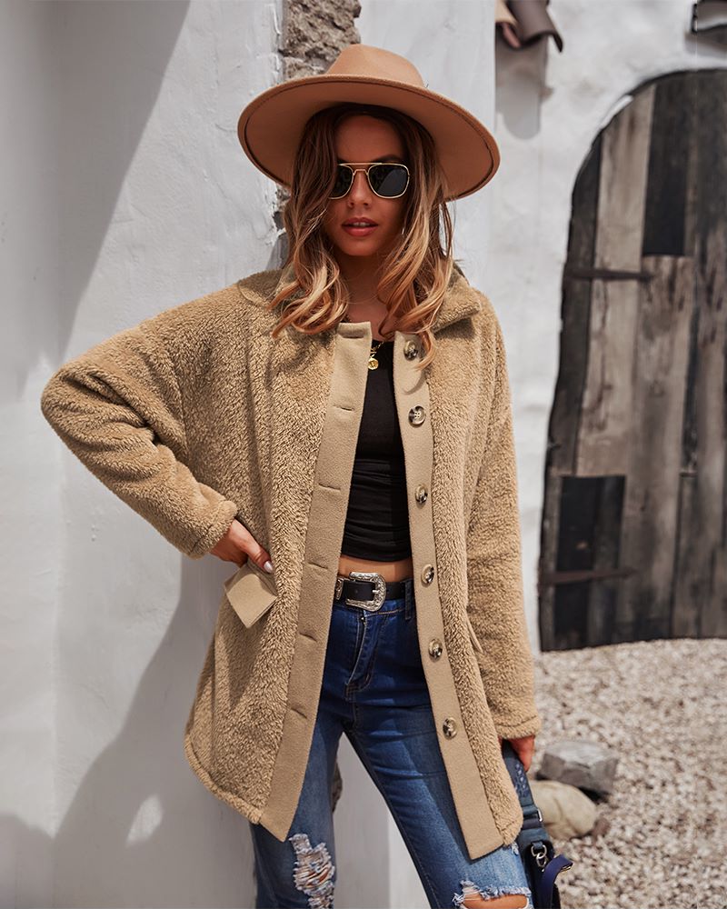 Contrast Button Teddy Coat