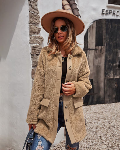 Contrast Button Teddy Coat