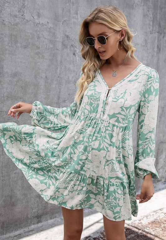 Button Detail Floral Boho Swing Dress