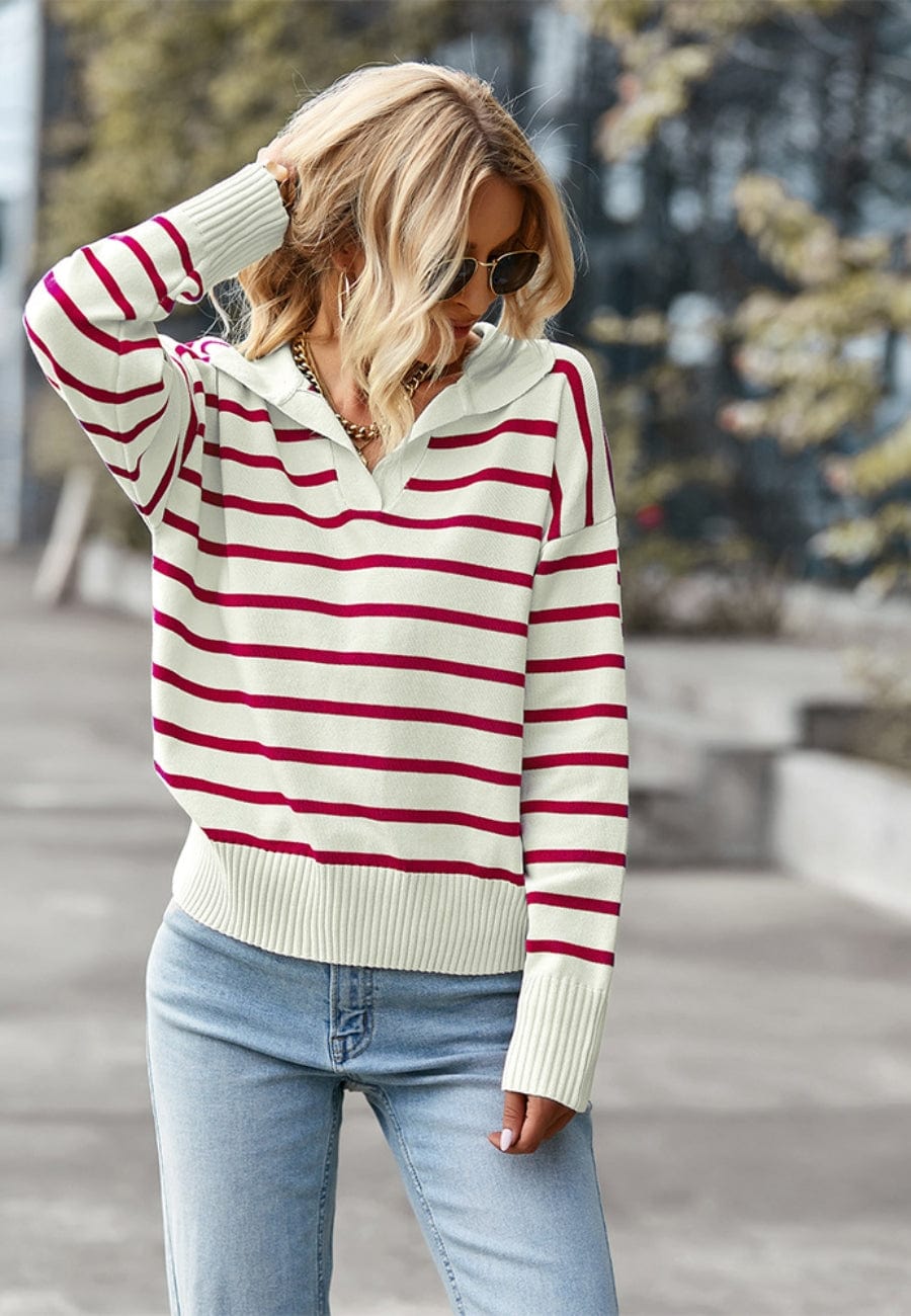 Collared Striped Print Sweater