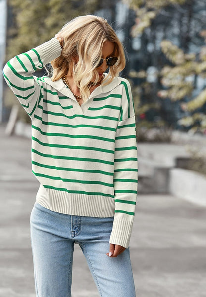 Collared Striped Print Sweater