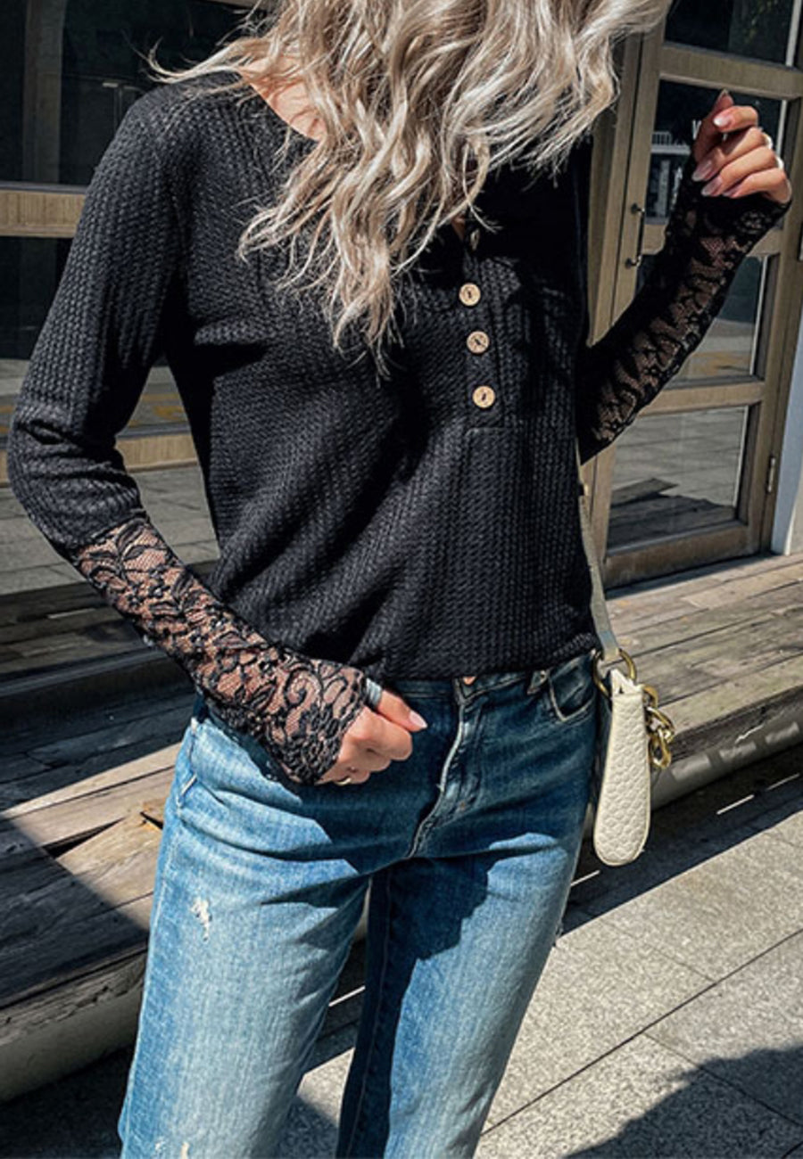 Lace Sleeve Henley Blouse