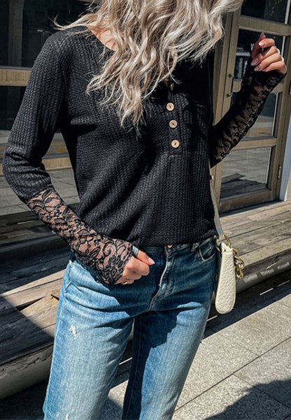 Lace Sleeve Henley Blouse