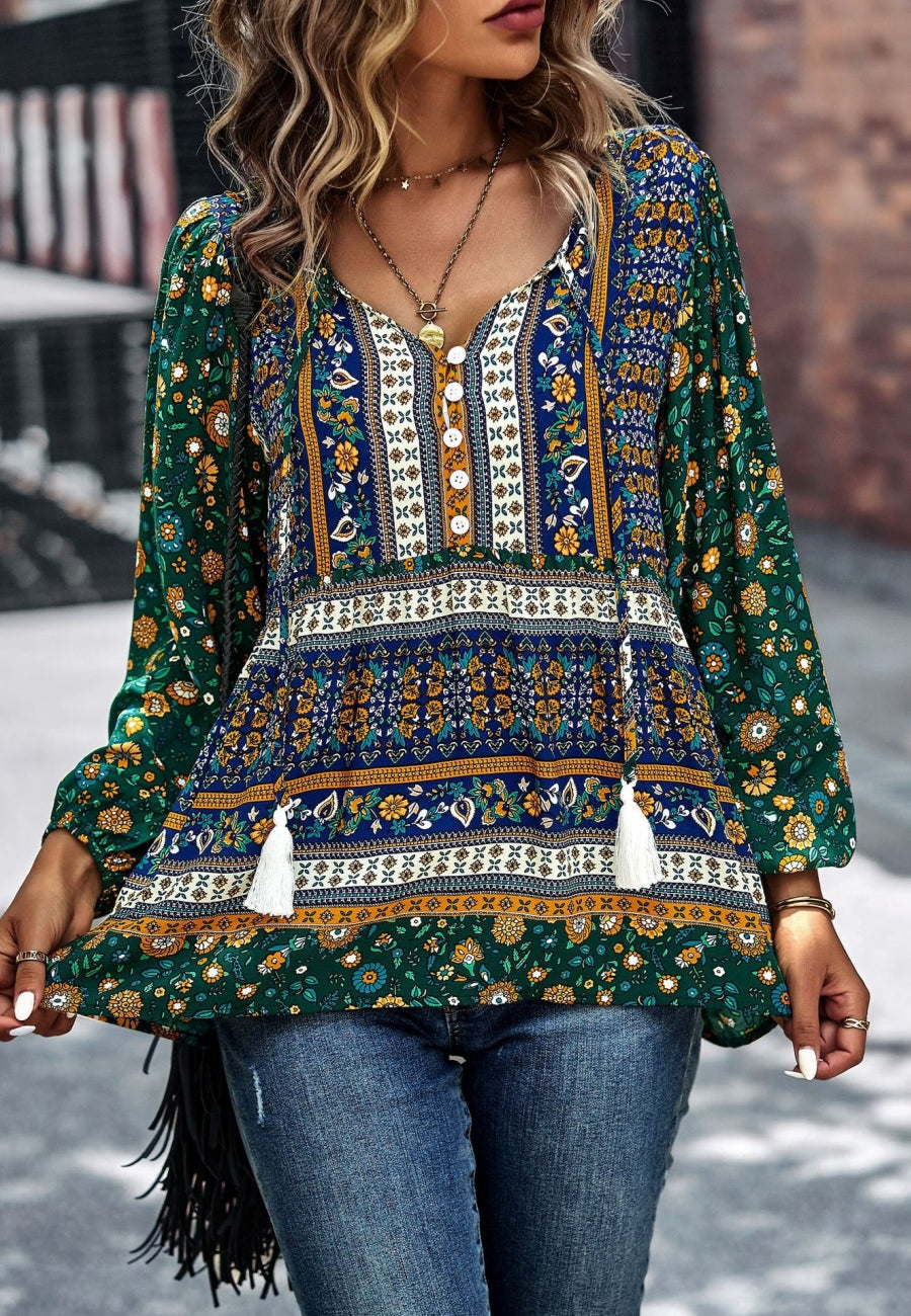 Multicolor V Neck Boho Blouse