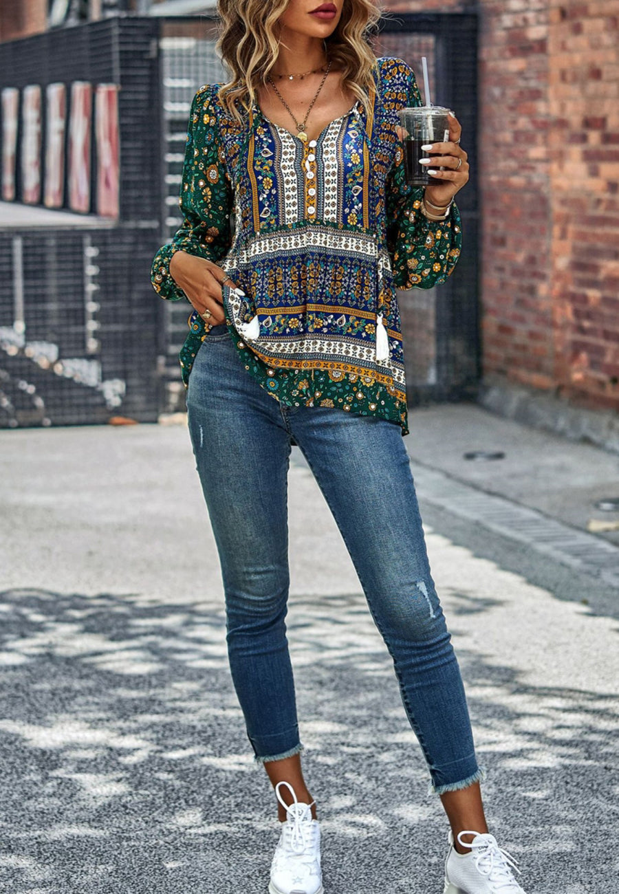 Multicolor V Neck Boho Blouse