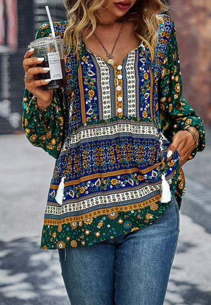 Multicolor V Neck Boho Blouse