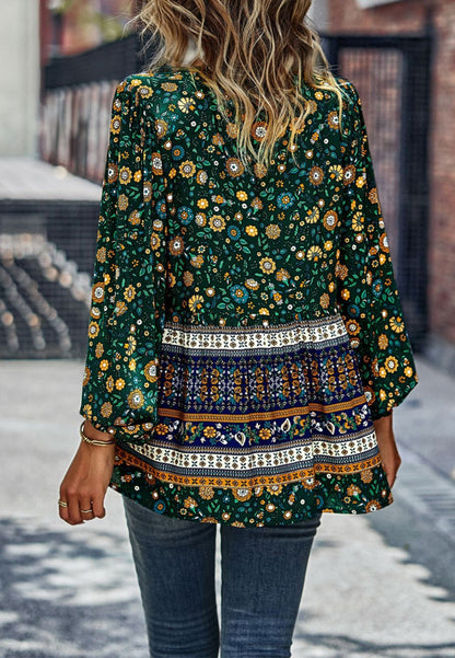 Multicolor V Neck Boho Blouse