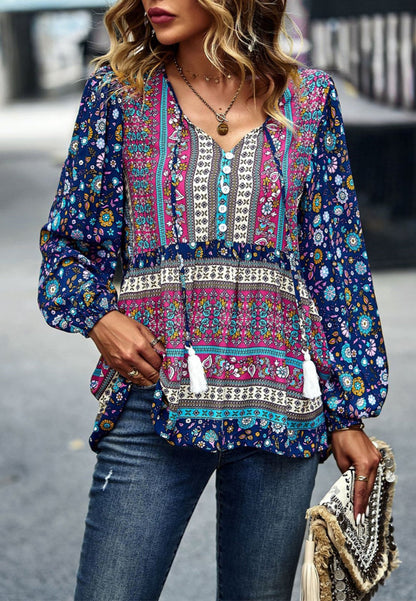 Multicolor V Neck Boho Blouse