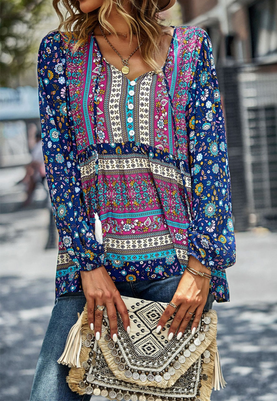 Multicolor V Neck Boho Blouse