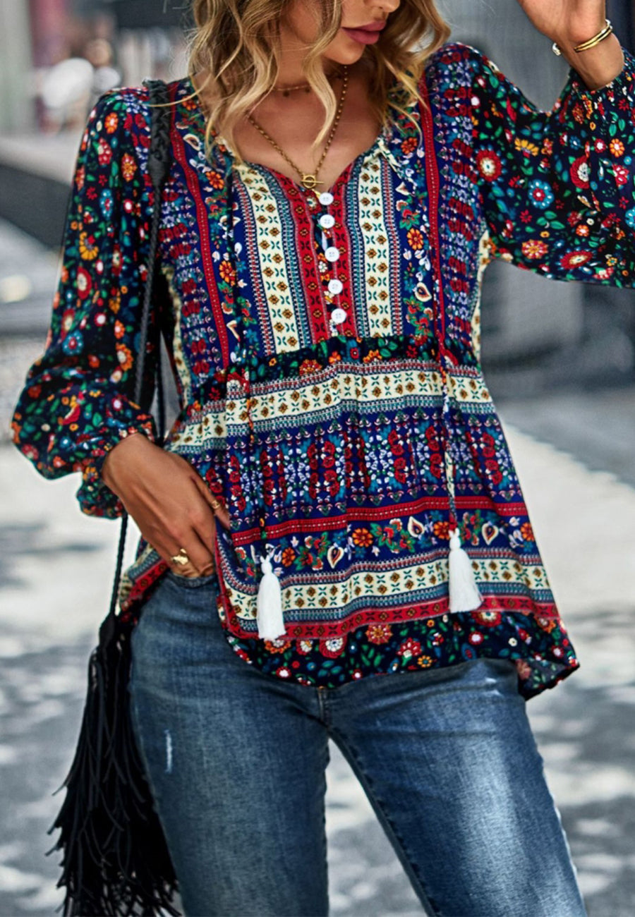 Multicolor V Neck Boho Blouse