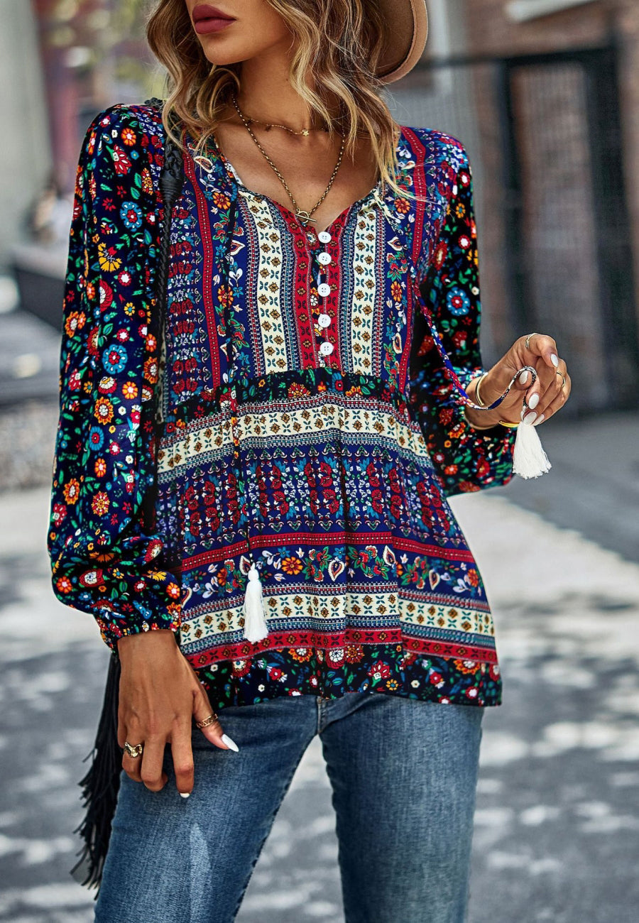 Multicolor V Neck Boho Blouse