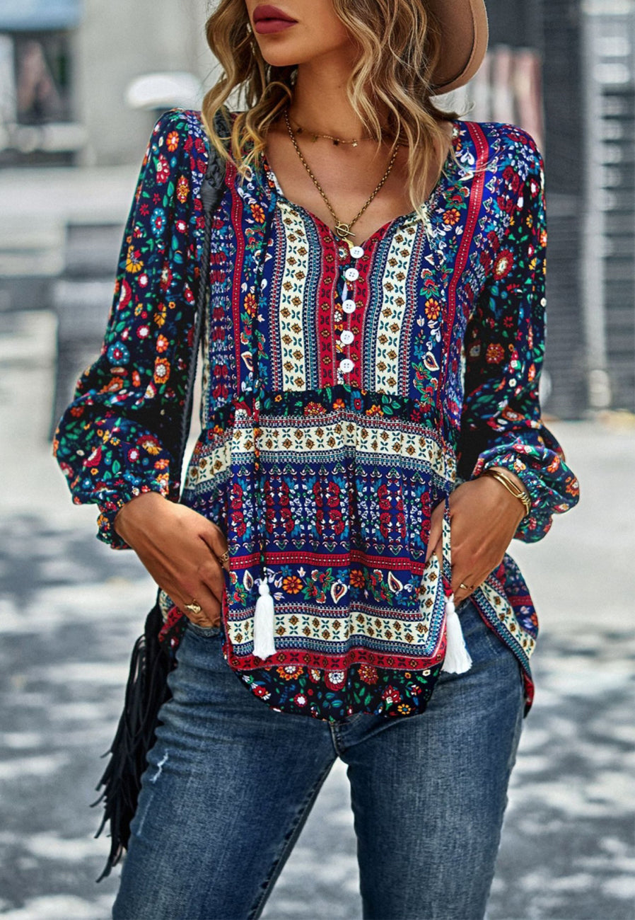 Multicolor V Neck Boho Blouse