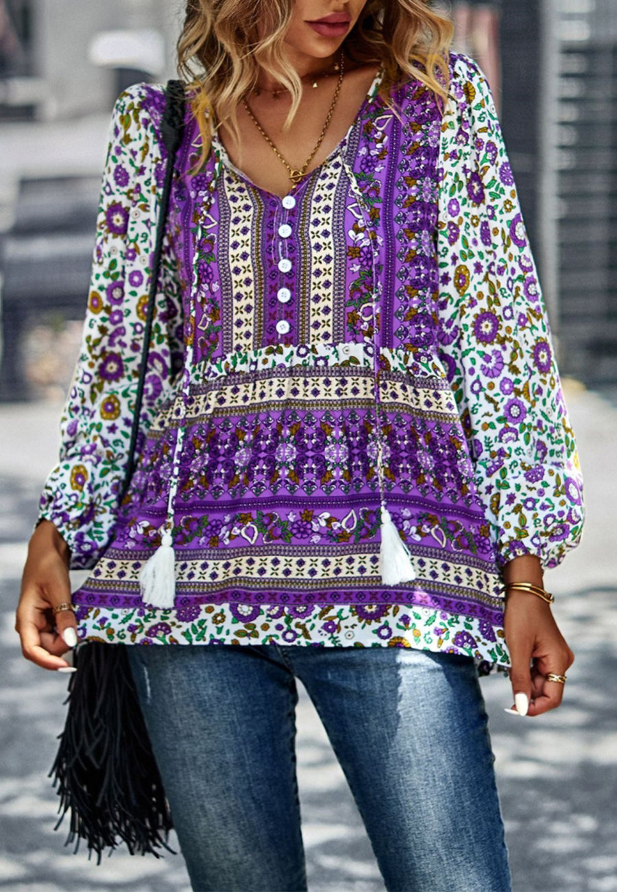 Multicolor V Neck Boho Blouse