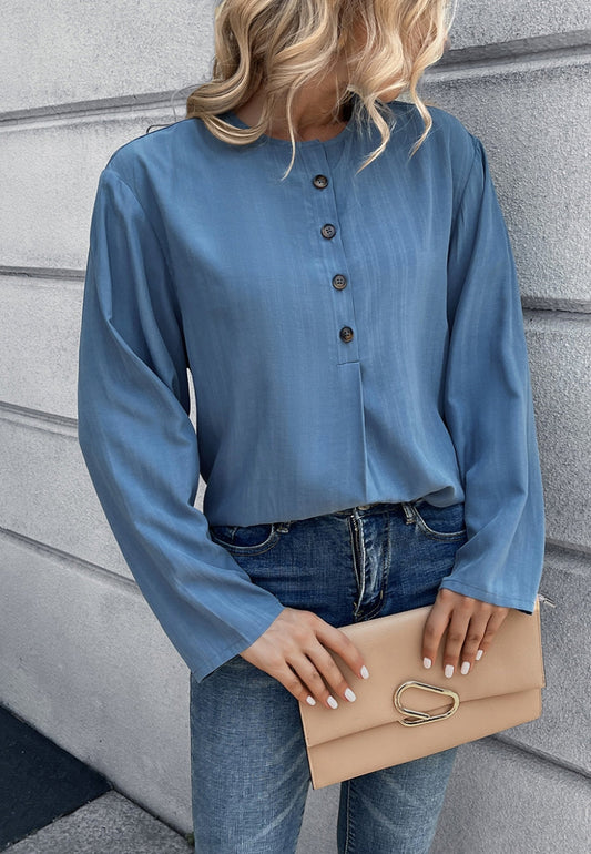 Round Neck Contrast Button Blouse