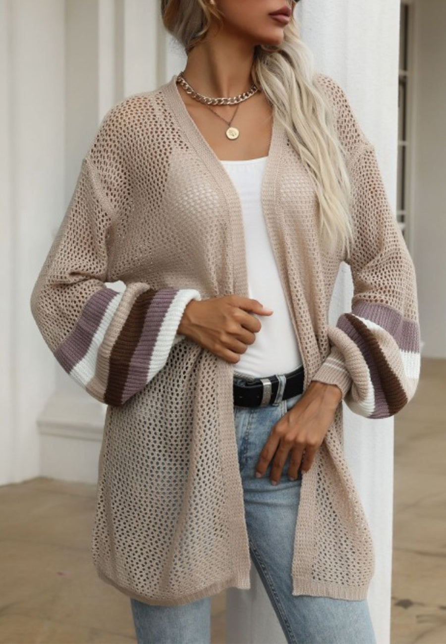 Crochet Knit Striped Sleeve Cardigan