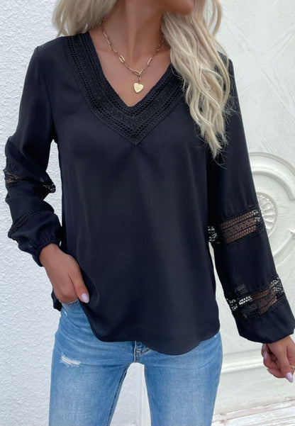 V Neck Crochet Detail Blouse