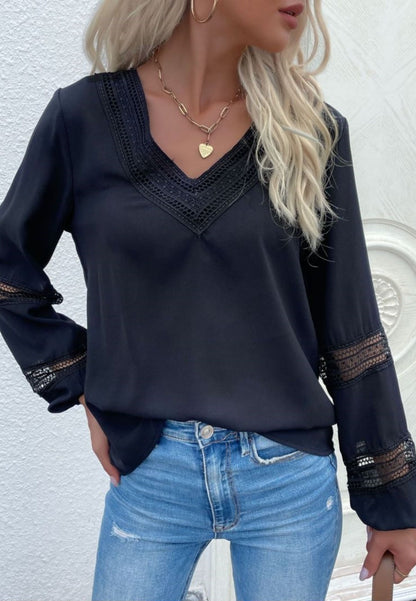 V Neck Crochet Detail Blouse