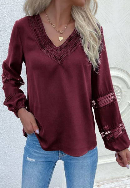 V Neck Crochet Detail Blouse