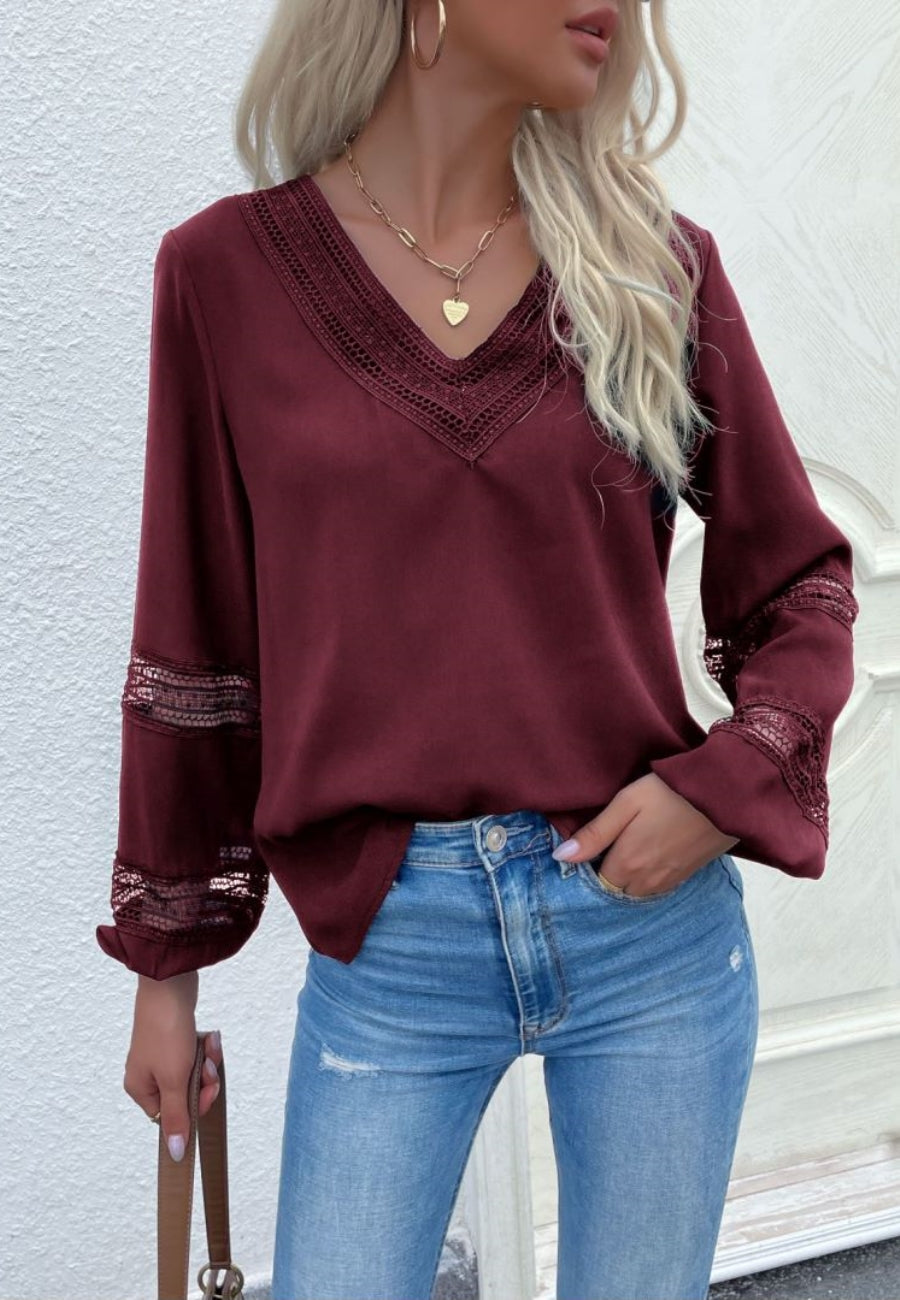 V Neck Crochet Detail Blouse