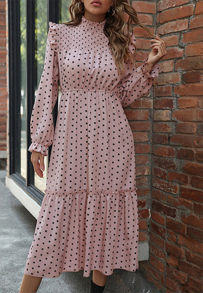 Shirred Neck Polka Dot Dress