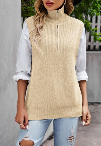 Solid Color Zip-Up Sweatervest