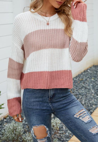 Textured Knit Striped Basic Sweater