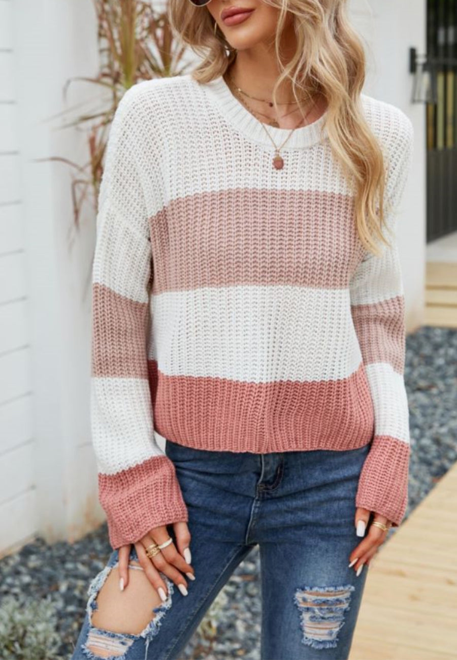 Textured Knit Striped Basic Sweater