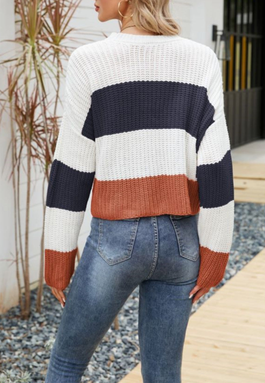 Textured Knit Striped Basic Sweater